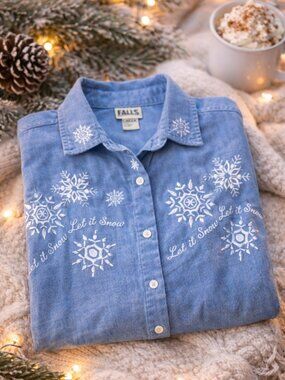 Falls Creek Snowflake Denim Shirt Women Small Let It Snow Holiday Winter Top S